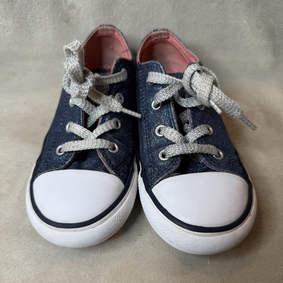 Converse Shoes Chuck Taylor All Star Little Sz 10 Blue Glitter Double Tongue - Picture 2 of 8